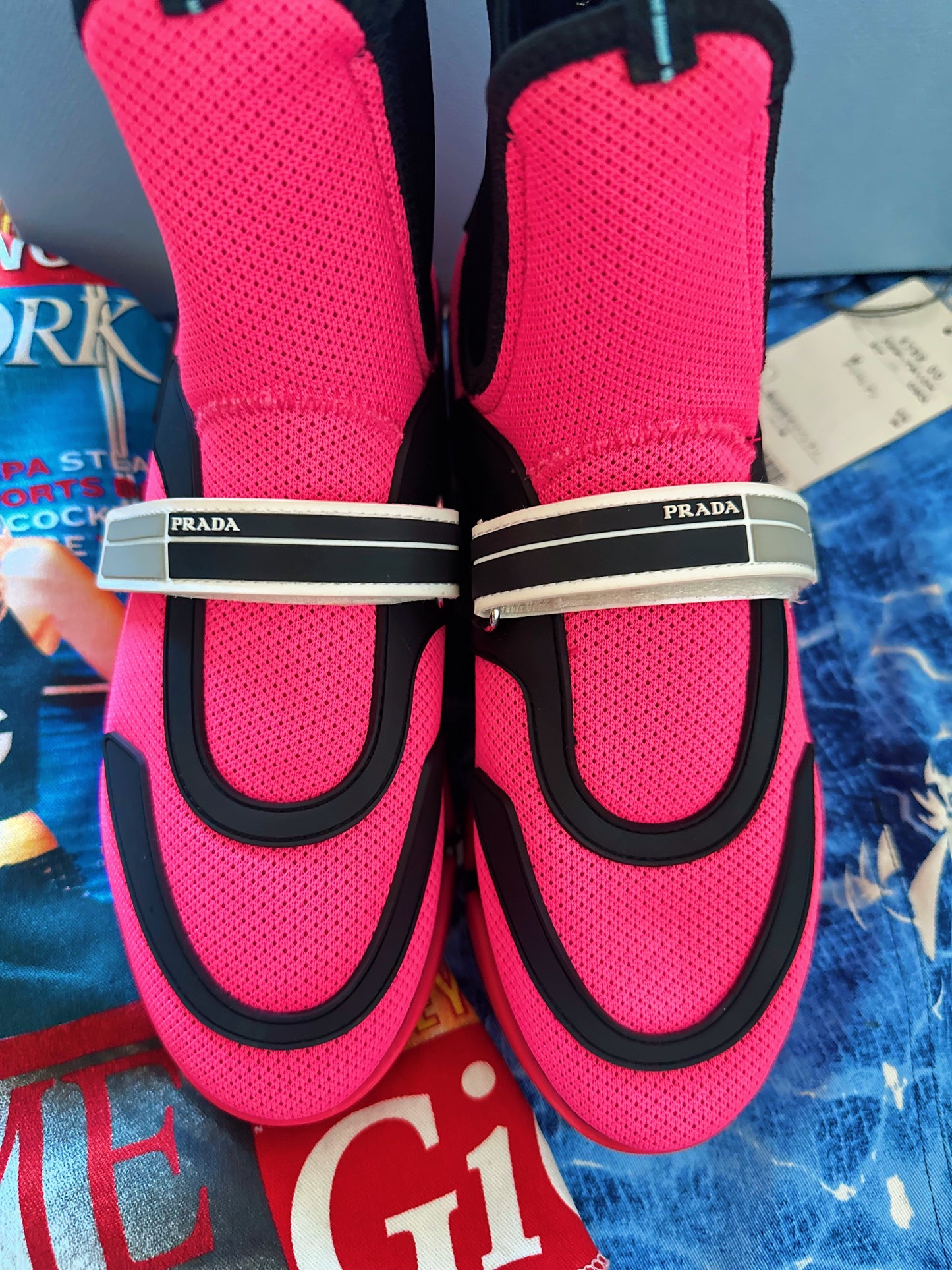 Prada Woman’s Fall/Winter 2018 Luxury Fluorescent Neon Pink/Black Mesh and Rubber Prada Cloudbust High-Top Sneakers