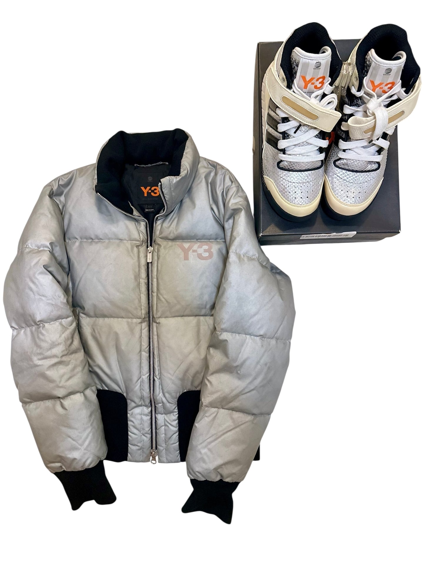 Y-3 Adidas, Spring/Summer 2004 High Fashion BBal Mid High-Top Sneaker & Yohji Yamamoto Y-3 Adidas Fall/Winter 2005 metallic Down Puffer Jacket