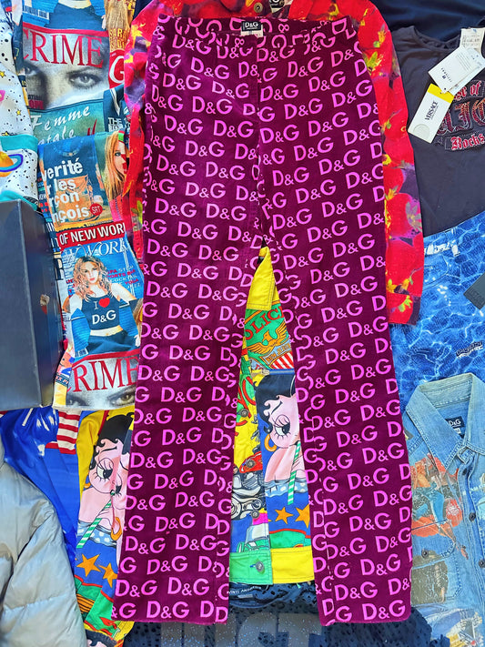 Vintage 90’s Dolce & Gabbana Women’s Velvet/Corduroy Monogram All-Over Print D&G Pattern Pants