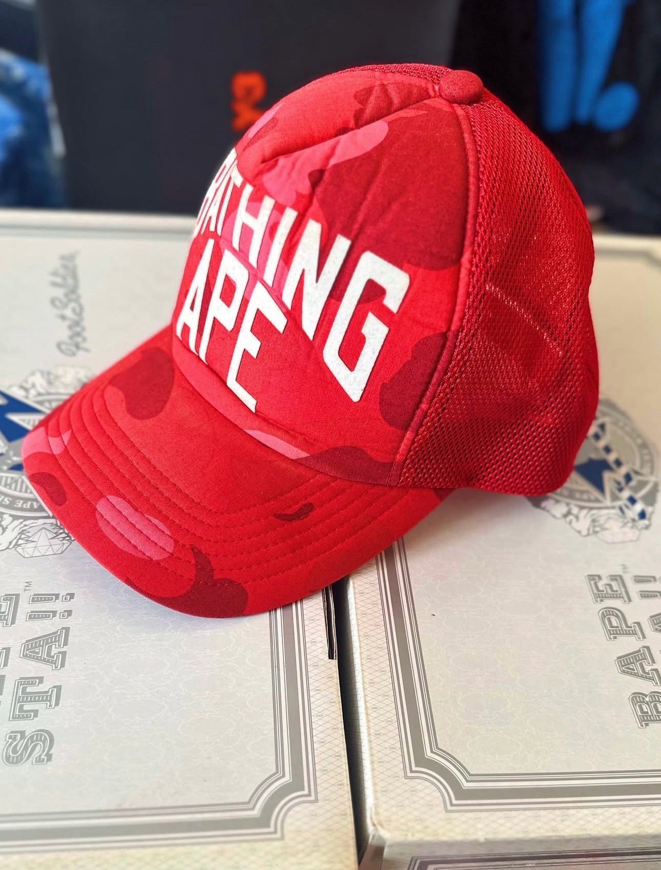 OG 2005 A BATHING APE, BAPE red camo NYC 🗽 logo trucker mesh cap
