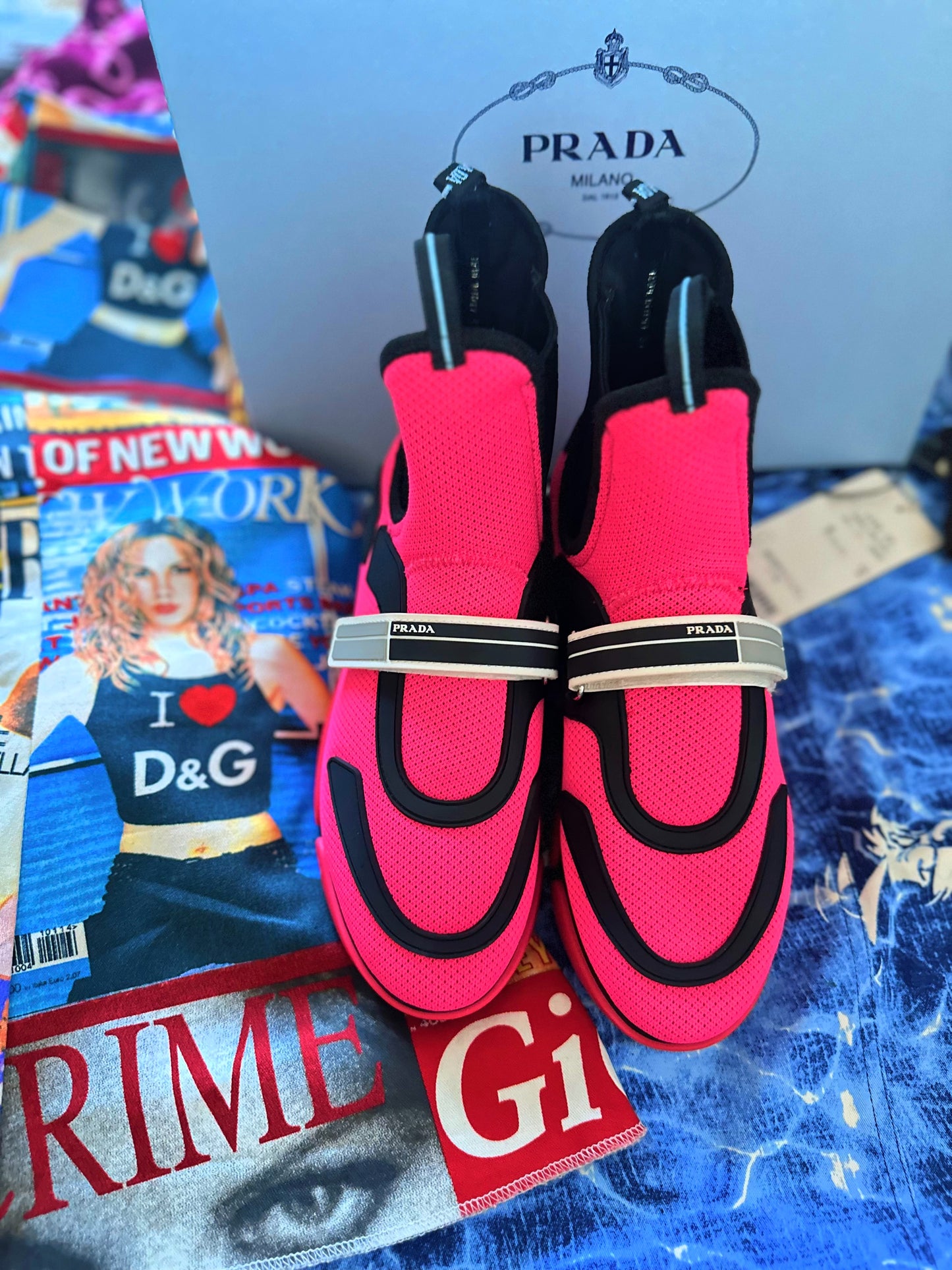 Prada Woman’s Fall/Winter 2018 Luxury Fluorescent Neon Pink/Black Mesh and Rubber Prada Cloudbust High-Top Sneakers