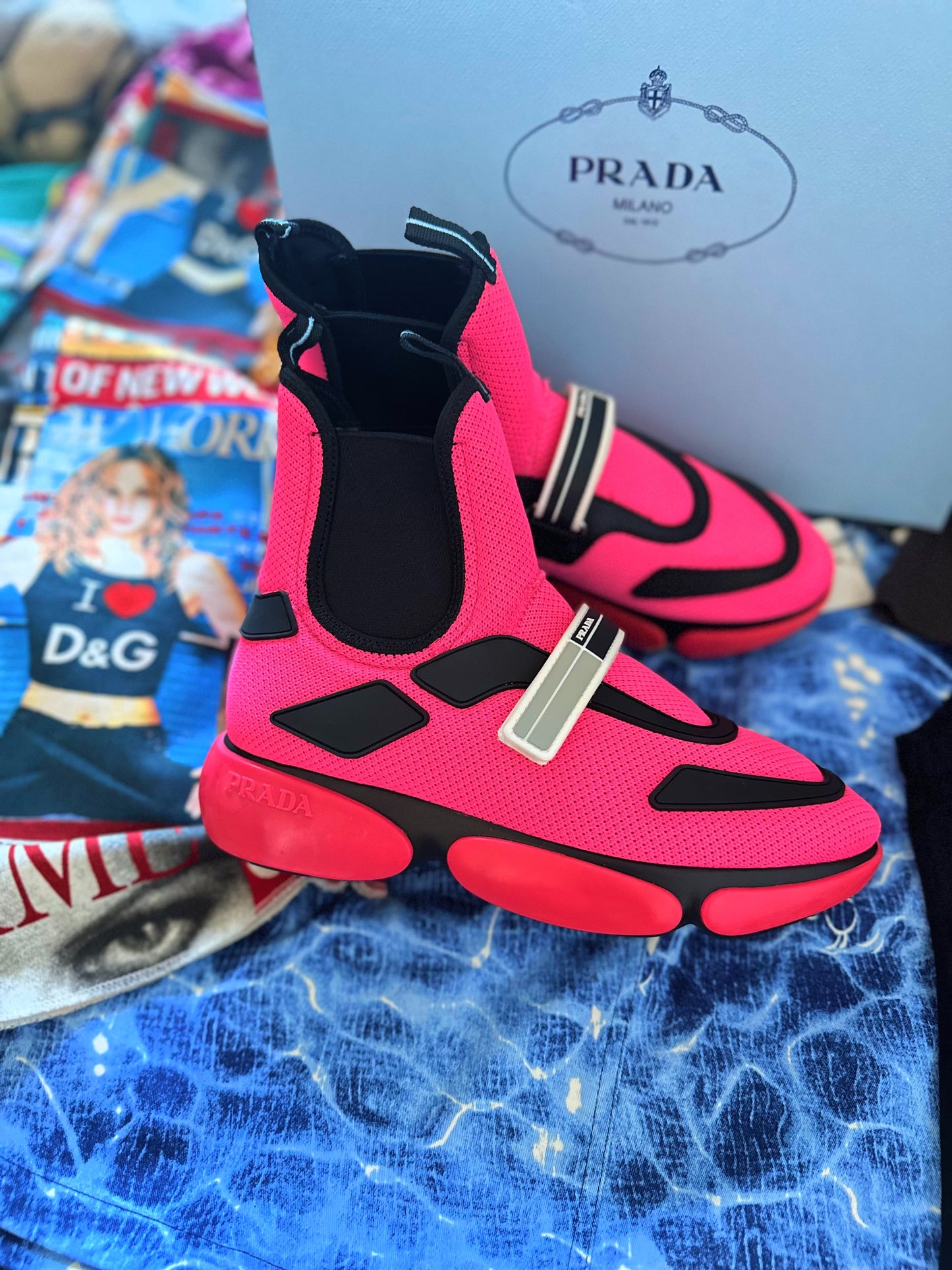 Prada Woman’s Fall/Winter 2018 Luxury Fluorescent Neon Pink/Black Mesh and Rubber Prada Cloudbust High-Top Sneakers