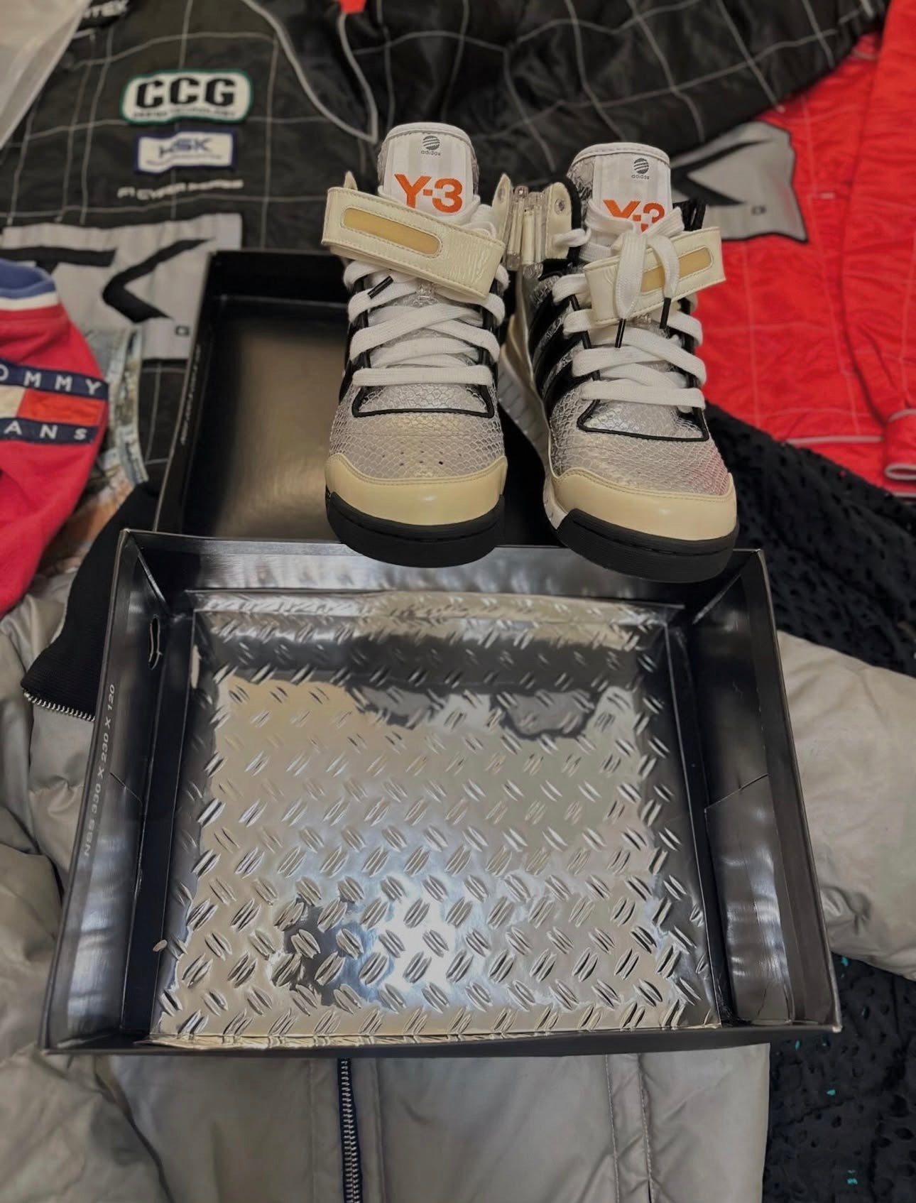 Y-3 Adidas, Spring/Summer 2004 High Fashion BBal Mid High-Top Sneaker & Yohji Yamamoto Y-3 Adidas Fall/Winter 2005 metallic Down Puffer Jacket
